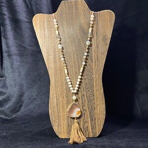 Boho Beaded Necklace with Agate Pendant and Tassel